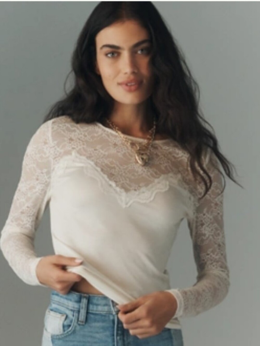 NWT By Anthropologie Long-Sleeve Lace Mix Top